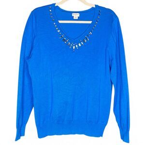 Jaclyn Smith Women's Vintage Sapphire Jeweled Holiday Festive V-Neck Sweater XXL